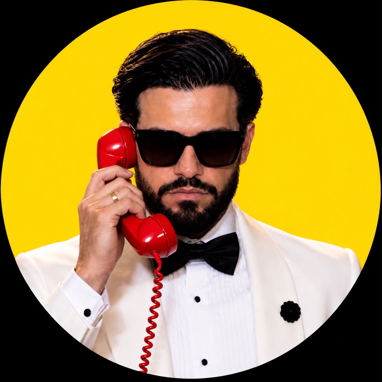 Papi Zero al teléfono rojo sobre fondo amarillo